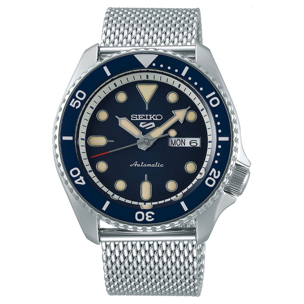Seiko 5 sports automaat 100m WR mineraalglas Cal. 4R36 Mesh Band