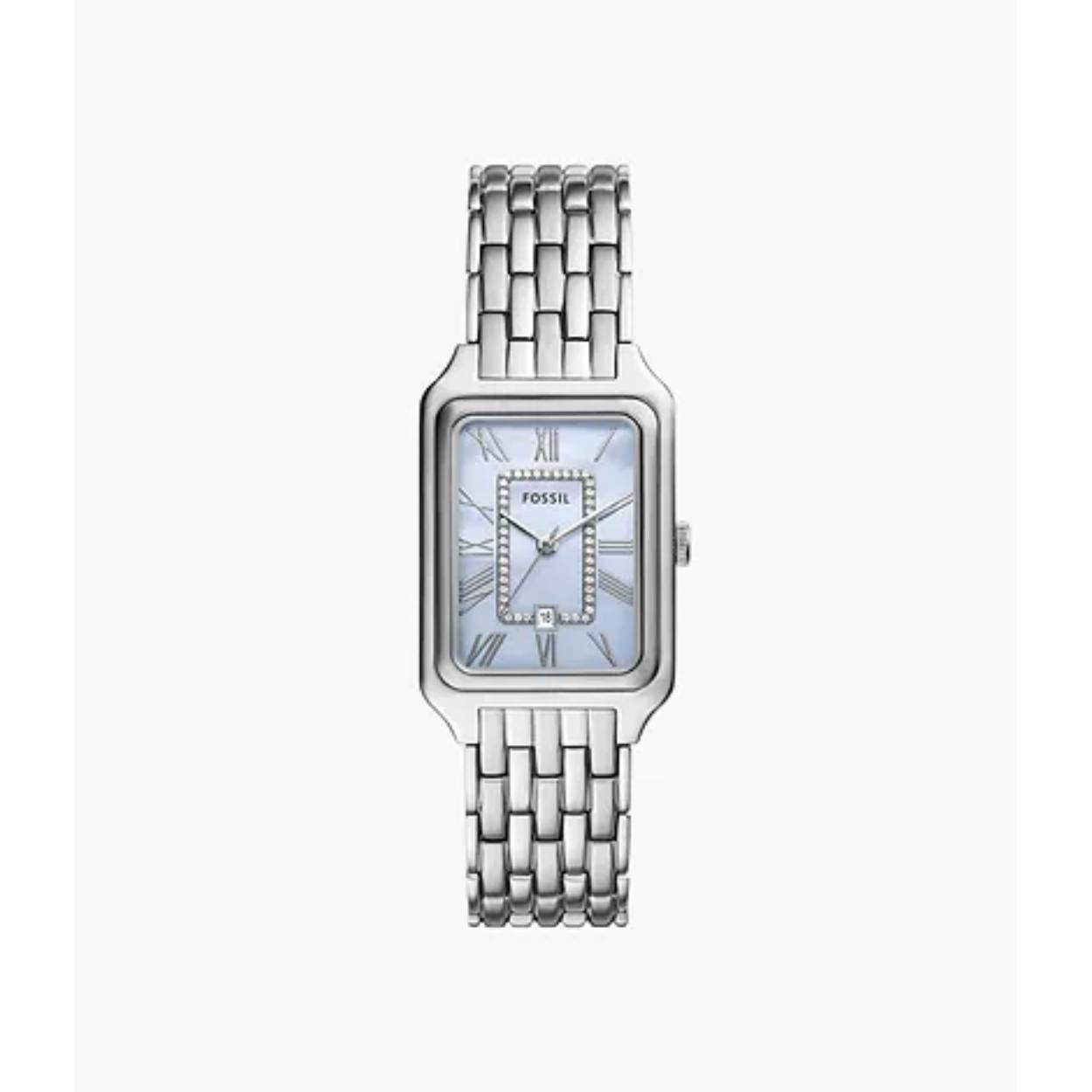 Dit Fossil Vrouwen horloge beschikt over een Quartz binnenwerk. De kast (30 mm) is vervaardigd uit Staal (Zilverkleurig) en heeft een Mineraalglas. De band is Zilverkleurig Staal. Dit horloge uit de Raquel reeks is een mooi en tijdloos geschenk. Verras jezelf of iemand anders met dit cadeau. Bovendien geniet u hierbij van 2 jaar garantie tegen alle fabricagefouten.