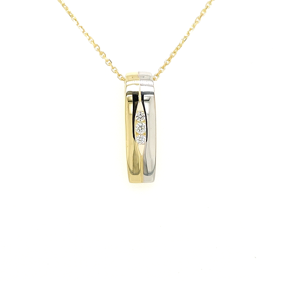 Deze bicolor gouden hanger is volledig glad gepolijst. De drie briljant geslepen zirkonia stenen schitteren mooi wit van kleur. Deze hanger is leuk om te dragen met een geel goud kettinkje of met een witgoud kettinkje.

Note: het kettinkje hoort niet bij het product, deze is enkel gebruikt voor de foto.