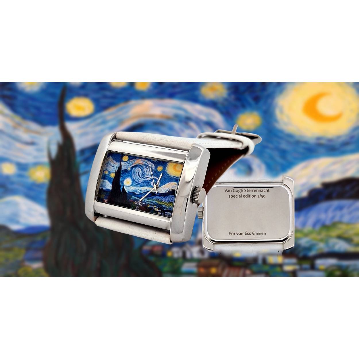 van Gogh horloge sterrennacht witte band zilverkleurige kast. Gemaakt in eigen horlogemakers atelier. Limited edition 50 stuks