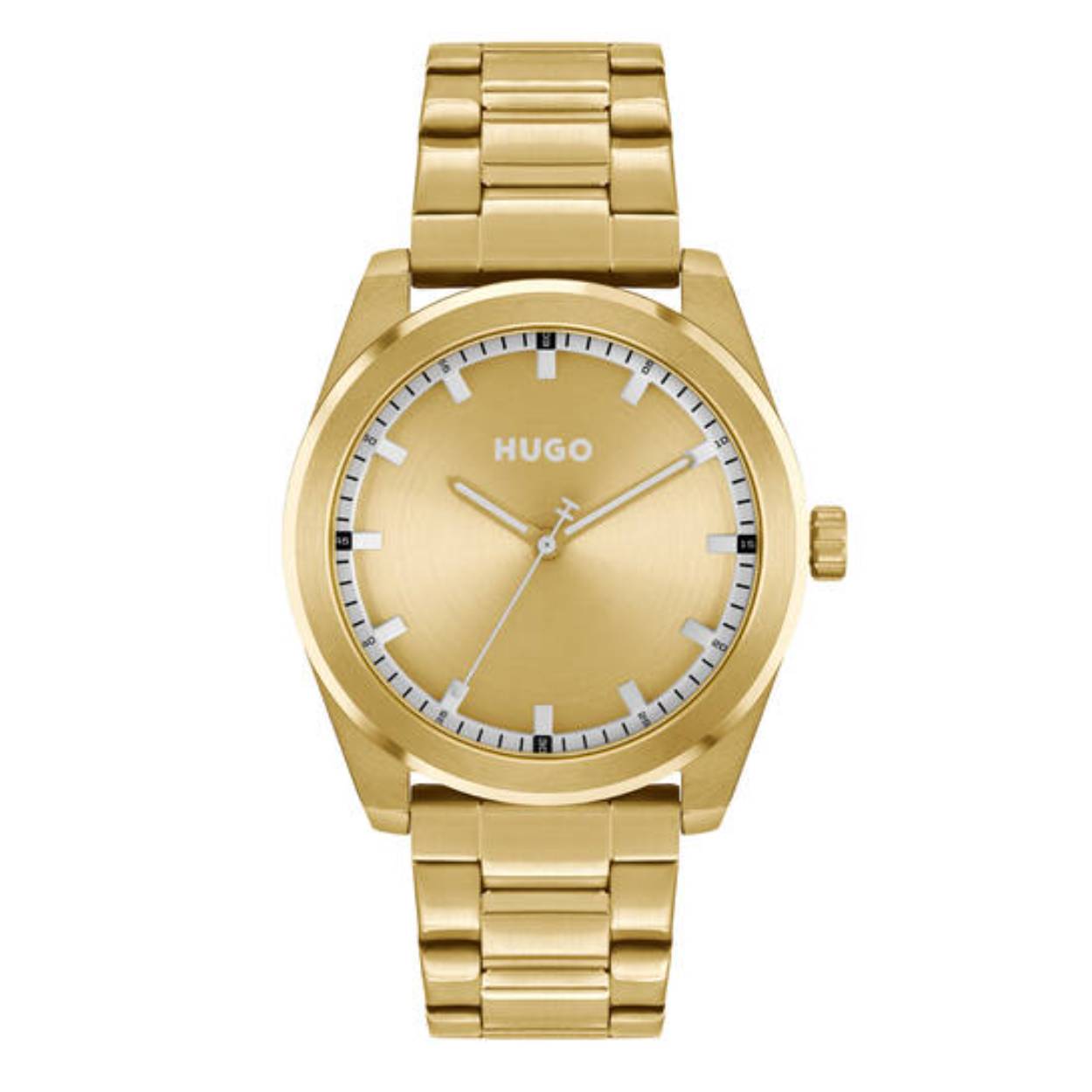 HUGO HU1530354 #BRIGHT 42mm
Dit HUGO horloge uit de BRIGHT serie met artikelnr. HU1530354 is ontworpen voor de man met durf en die volledig zichzelf is in zijn eigen unieke stijl. Het herenhorloge kenmerkt zich door zijn goudkleurige stalen ronde horlogekast met een strakke bezel. Het ontwerp valt op door zijn nette zakelijke uitstaling, kijk mij nou eens. Opvallend zijn de fijne wijzers en verhoogde index op de goudkleurige beborstelde wijzerplaat. Aan de kast zit een goudkleurige stalen schakelband met een vouwsluiting. Het nette ogende herenhorloge heeft een mineraalglas, een doorsnee van 42mm en is 5ATM.

HET MERK:
HUGO BOSS is afgestemd op levensstijlen waar het gaat om kwaliteit en precisie. Het wereldwijde fashionlabel is verdeeld in twee merken: BOSS en HUGO. Het merk HUGO presenteert eigentijdse en vooruitstrevende designs volgens de laatste fashion trends waarmee mensen worden gestimuleerd om zichzelf te zijn. Scherp maatwerk en casual horloges gecombineerd met een progressieve attitude. HUGO horloges zijn er voor de urban en ruimdenkende man die de leiding durft te nemen. De enige regel van de HUGO-man als het om stijl gaat: zijn authentieke zelf en niets anders.

Maak kennis met de nieuwe horlogecollectie van HUGO.

SPECIFICATIES:
- Mineraalglas
- Ronde kastvorm, Ø 42mm
- Stalen goudkleurige horlogekast
- Goudkleurige wijzerplaat
- Stalen goudkleurige schakelband
- 5ATM