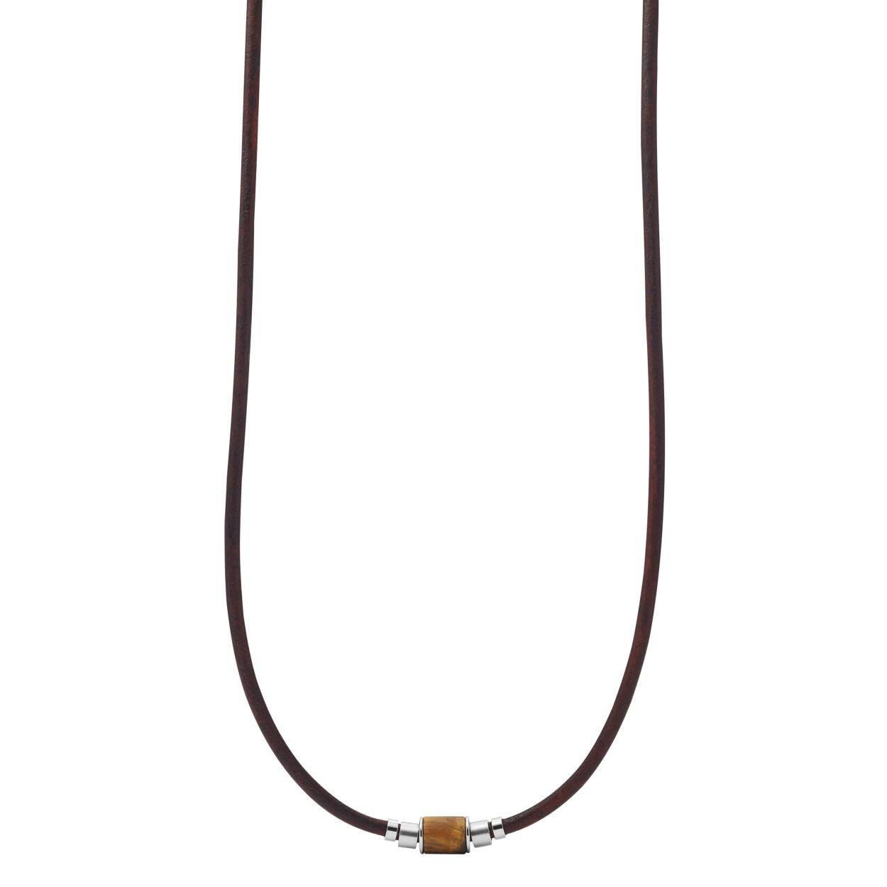 Fossil lederen ketting met houten bedel. 180 - 195 mm.