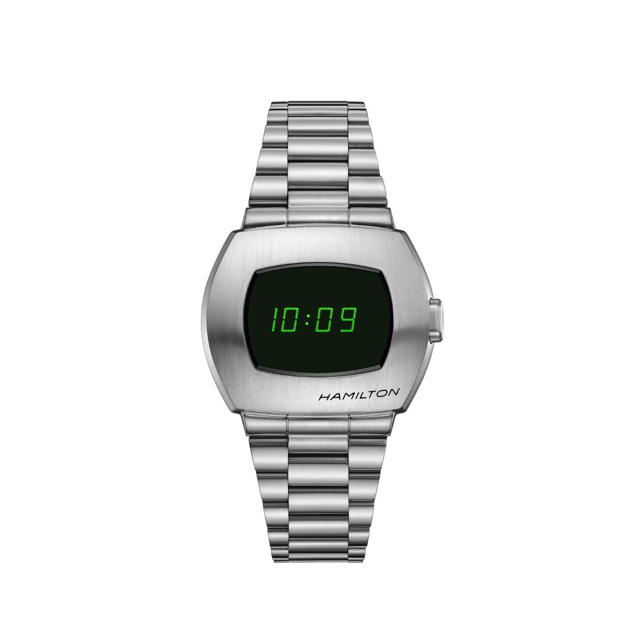 Het verhaal van innovatie, dat begon met de lancering van 's werelds eerste digitale LED horloge in 1970, wordt verdergezet met een nieuwe uitvoering van onze iconische Hamilton PSR Digital Quartz. Het hybride digitale lcd- en oled-display met de groene cijfer-puntjes-weergave kan overdag in één oogopslag worden afgelezen; ‘s nachts volstaat een druk op de knop.
