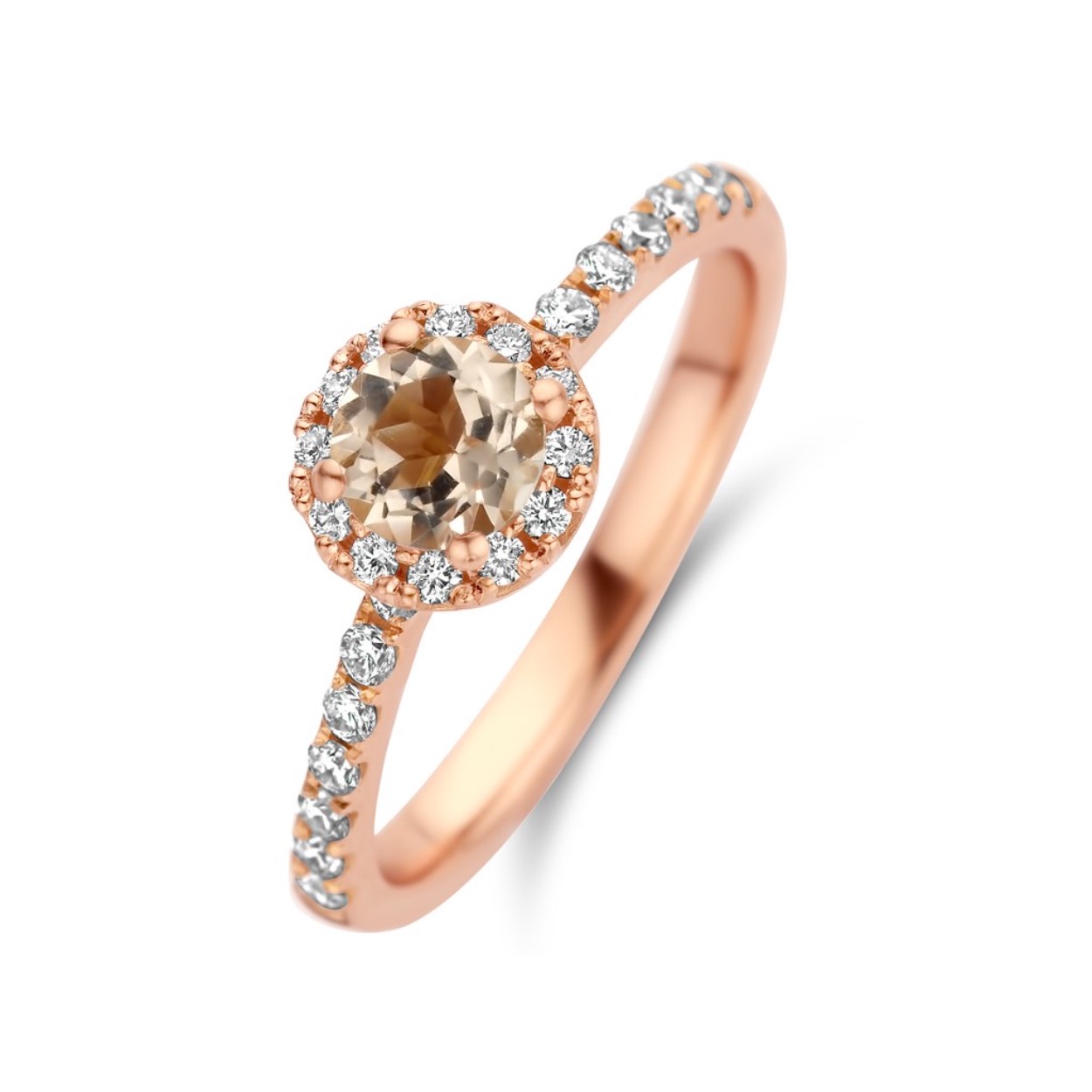 Roségouden ring in 18 kt goud met morganiet en briljant: 0,34 ct
Deze ring is 'wedding fit' en kan dus perfect samen met je trouwring gedragen worden.
De prijs kan variëren naargelang de goudprijs