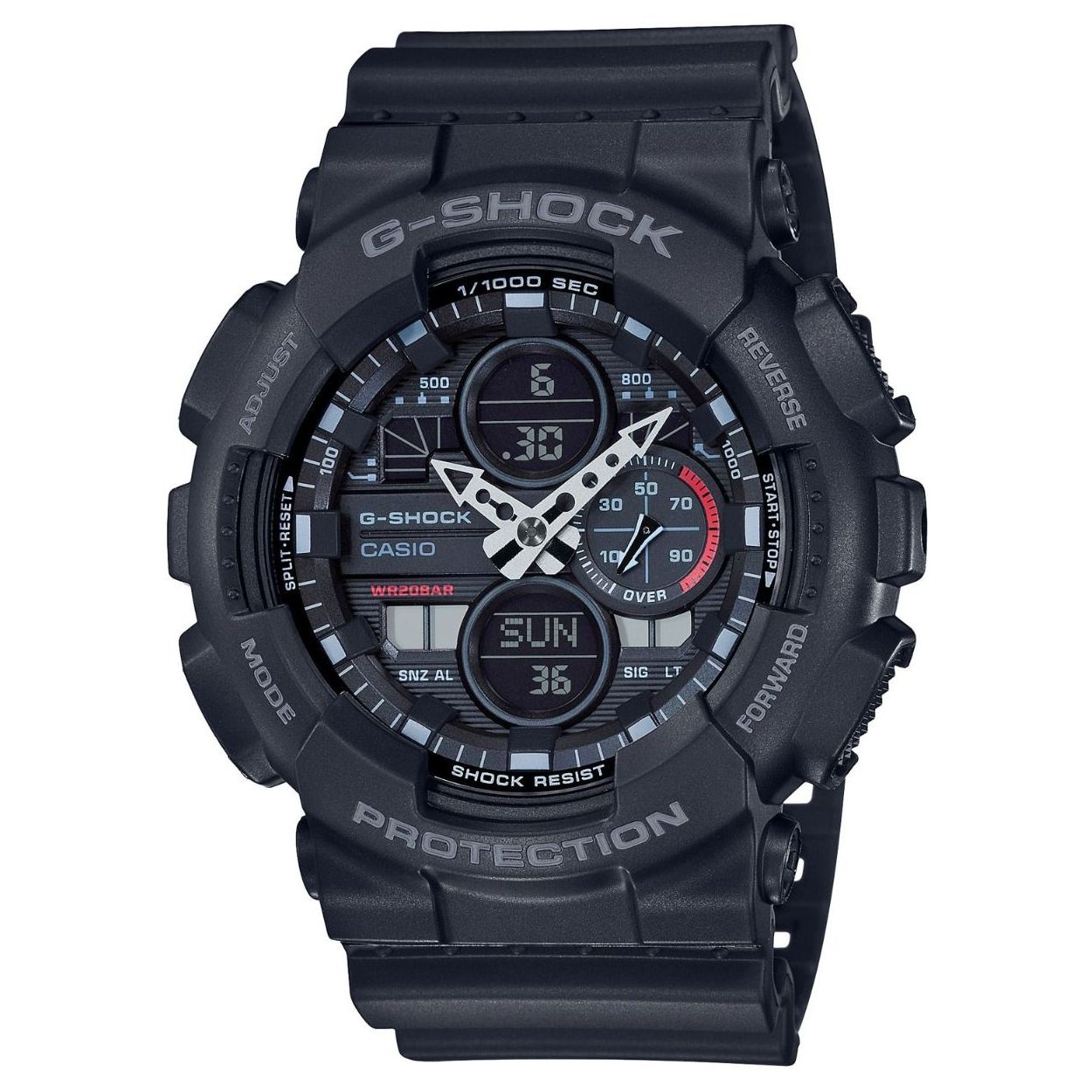 Casio horloge GA-140-1A1ER heren digitaal kunststof 20 ATM 

Algemeen
Geslacht: heren
Model: GA-140-1A1ER

Voordelen
- band plastic/silicone zwart
- analoge en digitale tijdsweergave
- wijzerplaat zwart
- draagcomfort door licht gewicht
- boven gem. waterdicht: zwemmen/duiken
- bevat lichtfunctie
- quartz
- maat kast 51.2mm (breedte) 16.9mm (dikte)