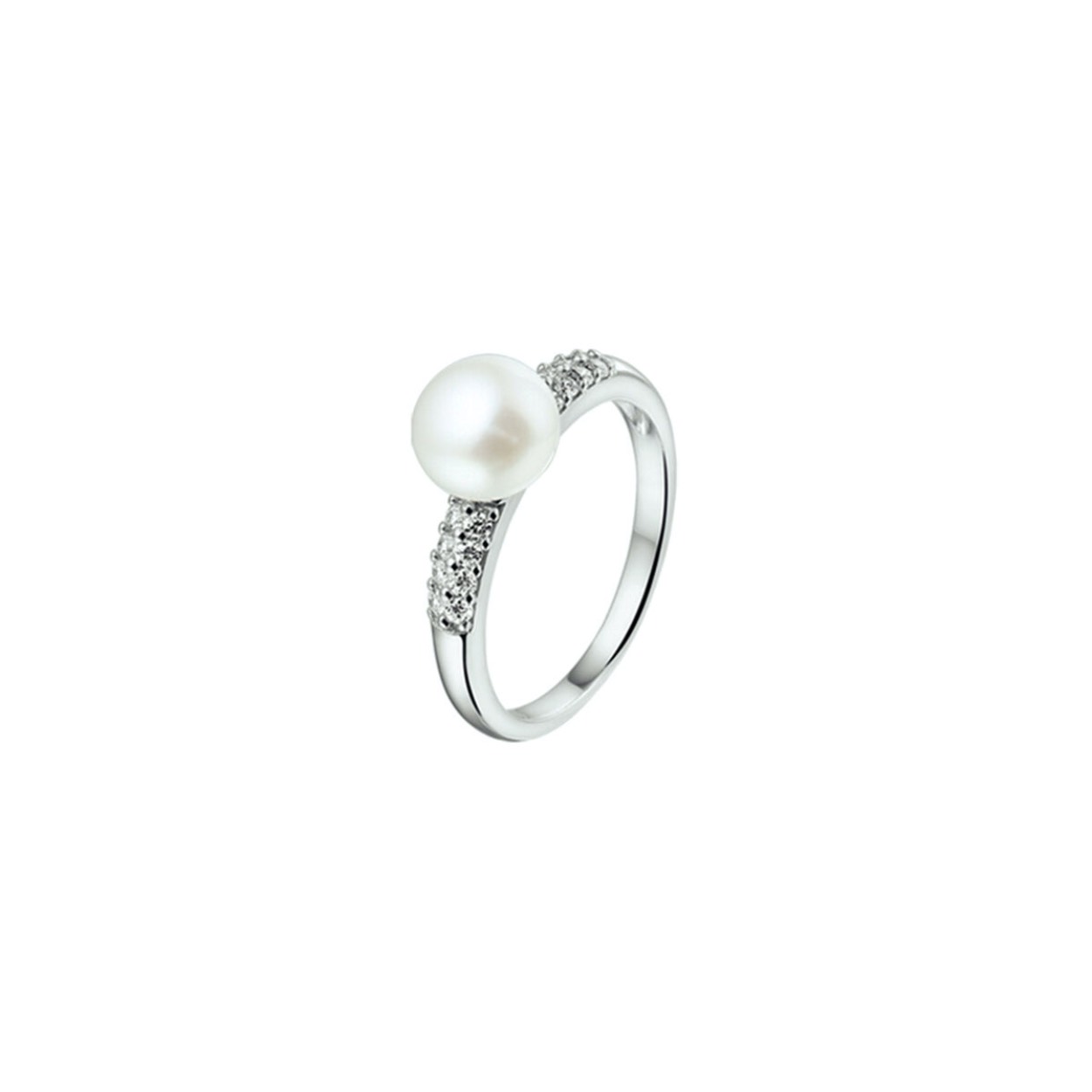Gerhodineerd zilveren ring met zoetwaterparel en zirkonia. De zoetwater parel heeft een diameter van 8 mm. De ring is onderdeel van een set.