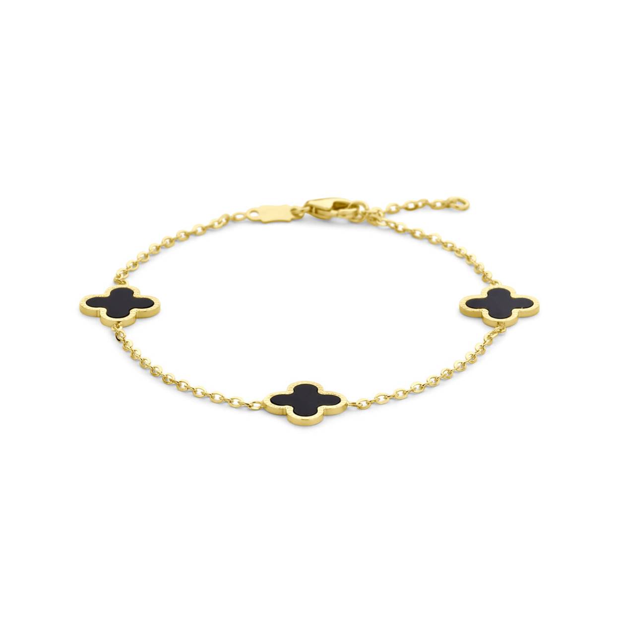 14k Geelgouden armband uitgevoerd met klavertjes 4 met onyx. De draaglengtes zijn 16 en 18cm. De klavertjes hebben een afmeting van 10x10mm. De schakelbreedte is 1,5mm. Uitgevoerd met een karabijnsluiting.