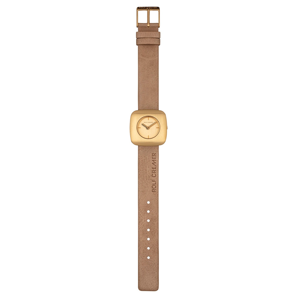 Een edelstalen horloge (mat goud) met beige leren band

Dit horloge is van de bekende Duitse ontwerper ROLF CREMER. Het merk bestaat sinds 1989. Door onderscheidende modellen en kleurgebruik is het een gewaardeerd mode accessoire geworden. Gekenmerkt door een flashy design, eenvoud, elegantie en kleur. 