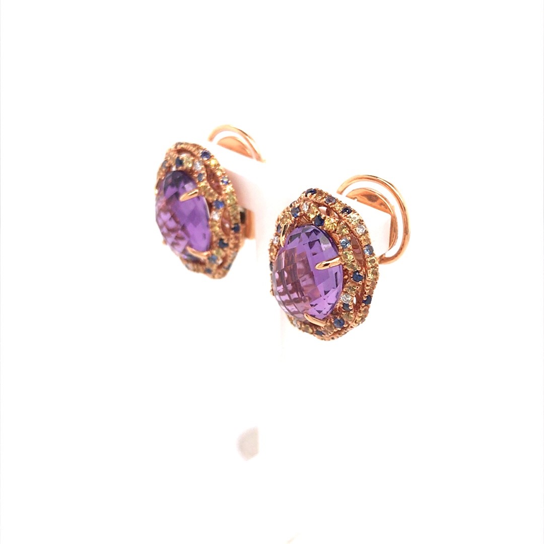 18krt rosé gouden oorbellen met  Amethist, diamant en saffier