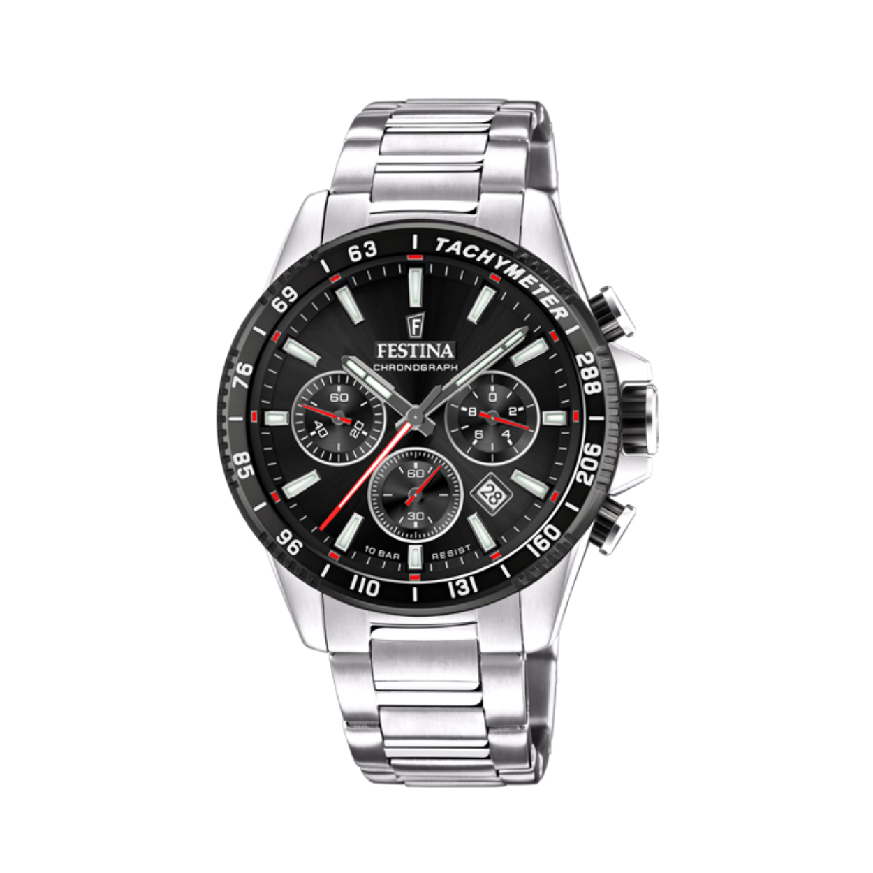 Herenuurwerk van Festina met zilverkleurige band en kast in edelstaal
Zwarte wijzerplaat multifunctie met datumaanduiding
Zwarte lunette
Chronograaf - Tachymeter
Waterdichtheid: 10 ATM
