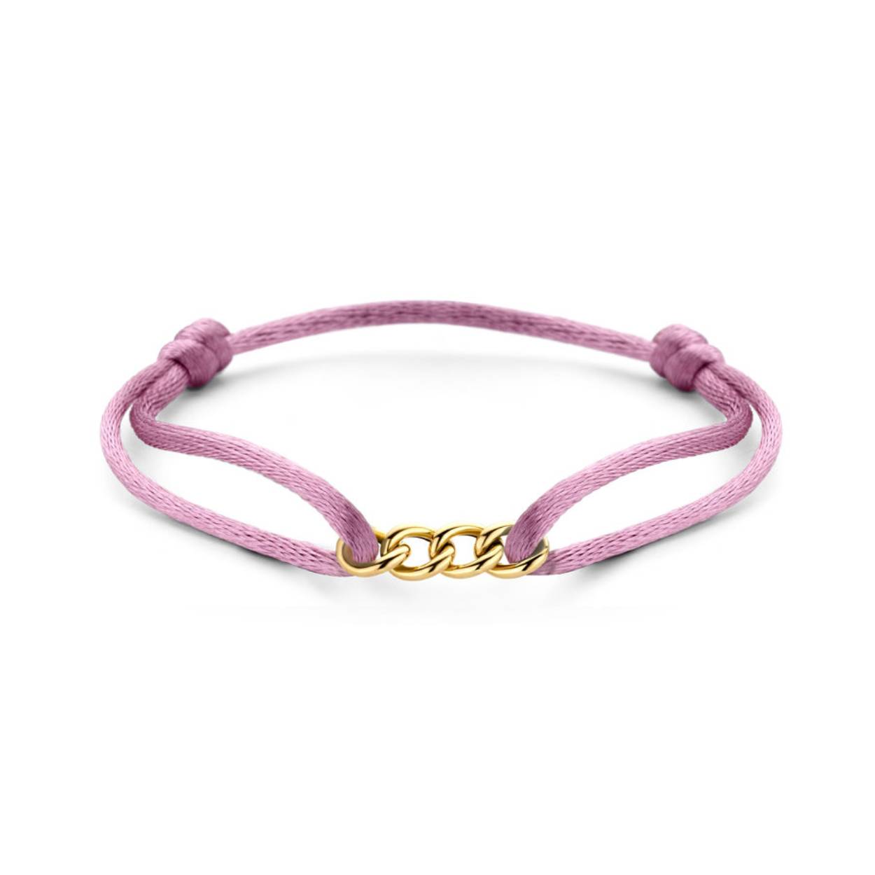 Deze Just Franky Chain Bracelet Silk heeft vier schakels in 14 karaat geelgoud. Kies jouw favoriete kleur satijnkoord om deze armband helemaal naar wens te maken. Deze schakels zijn verkrijgbaar in 14k geelgoud
