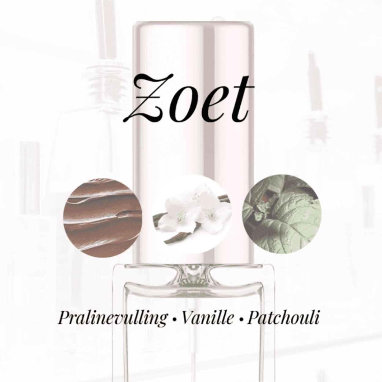 Heerlijk geuren die u kunnen laten denken aan bekende namen. Heeft u een voorkeur?
 Stuur ons een app of mail en wij proberen u zo goed als mogelijk van een passend advies te voorzien.
Eigenschappen
Geur: Zoet
Waarneembare geuren: Patchouli, Praline vulling, Vanille
Sillage: Zwaar
Seizoen: Herfst/Winter
Eigenschap: Charmant
Stijl: Elegant
Geurgroep: Bloemig Fruitig Gourmand
Hoofdakkoorden: Zoet, Vanille, Fruitig, Poederig, Patchouli
Top noten: Zwarte bes en Peer
Midden noten: Iris, Jasmijn en Oranjebloesem
Basis noten: Patchouli, Tonkaboon, Vanille en Praliné vulling