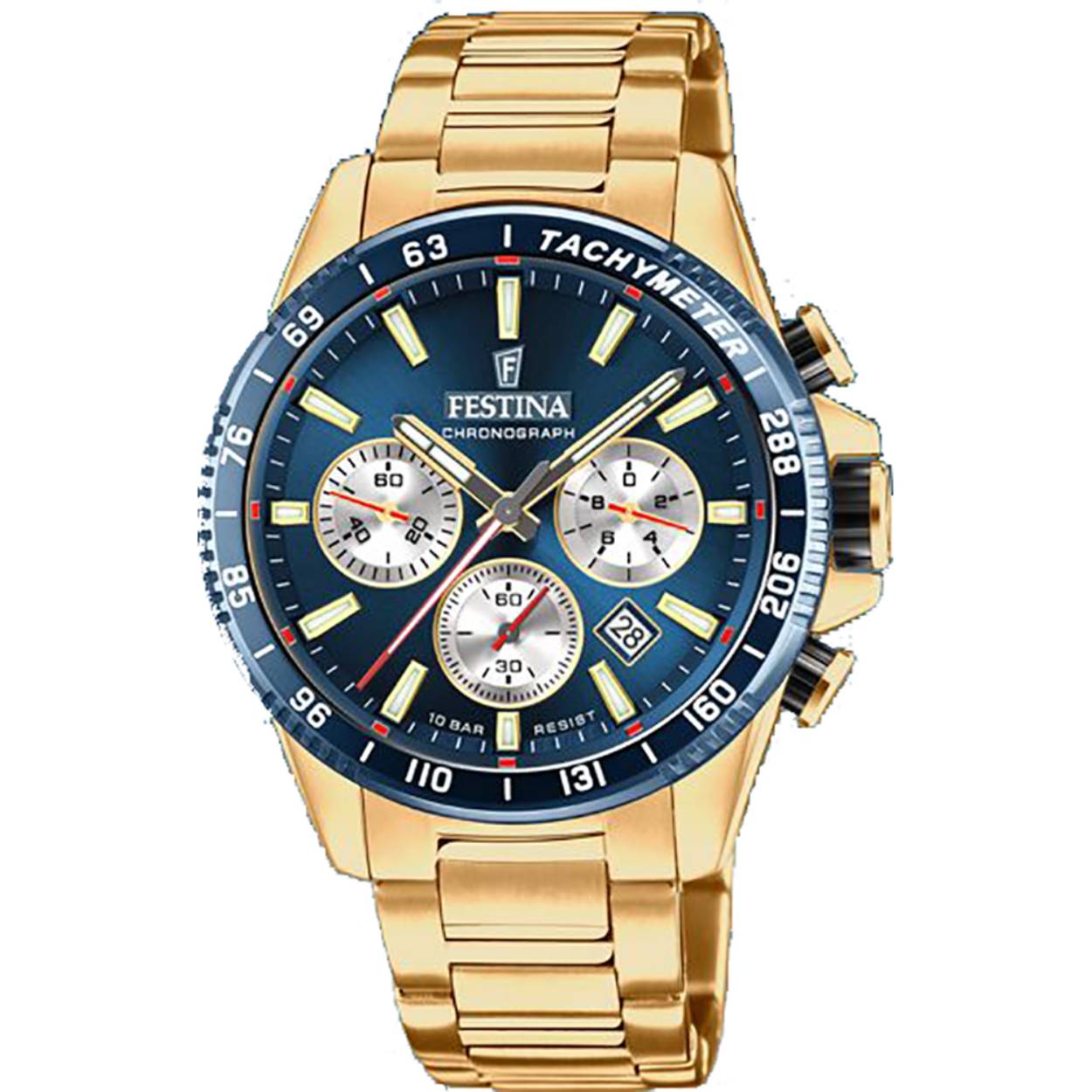 Herenuurwerk van Festina met goudkleurige band en kast in edelstaal
Blauwe lunette
Blauwe wijzerplaat multifunctie met datumaanduiding
Lichtgevende wijzers en indexen
Waterdichtheid: 10 ATM