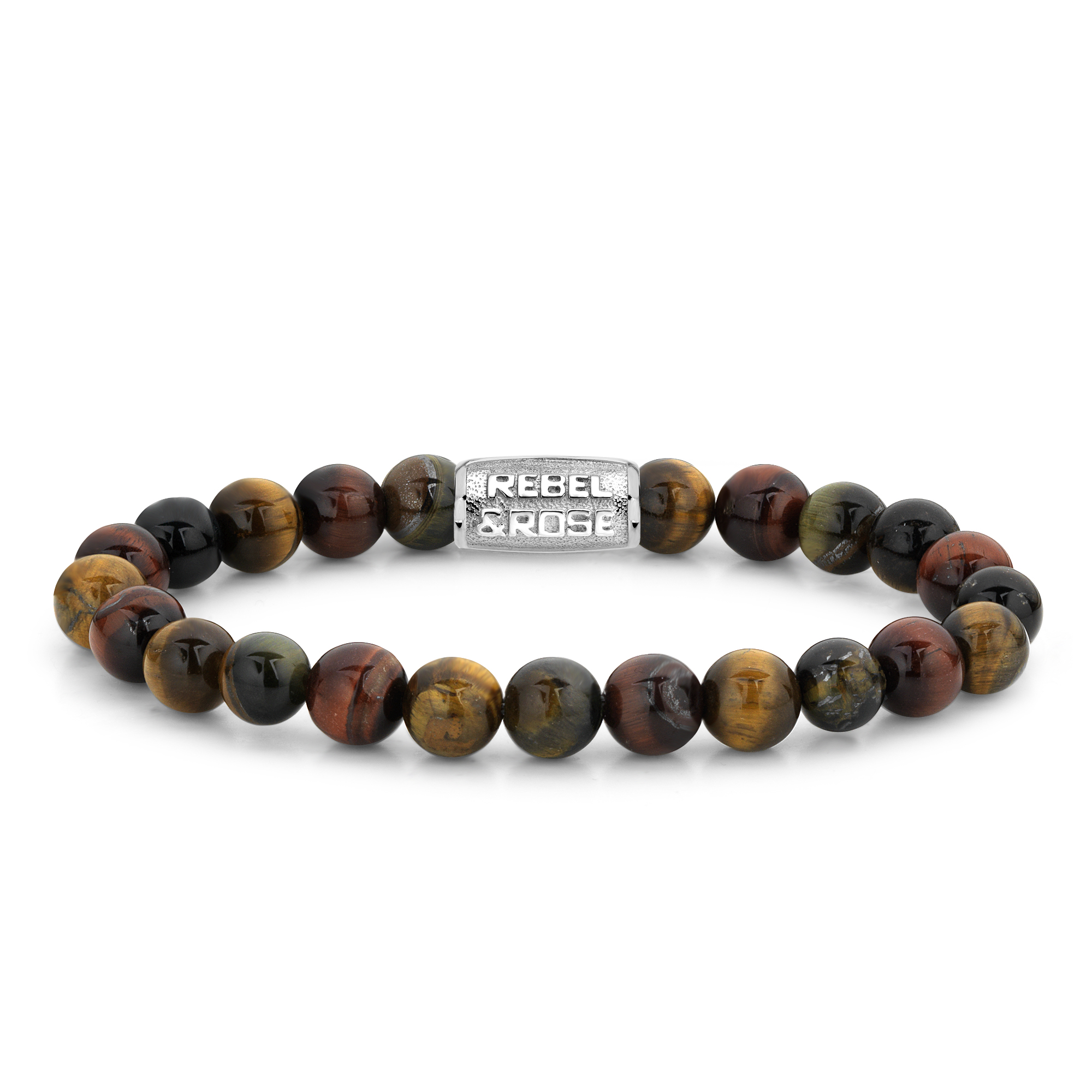 Edelstenen bead armband, handgemaakt van 8mm Tijgeroog mix stenen met een zilverkleurige sluiting. Het Rebel & Rose sieraad is makkelijk te combineren met andere zilveren, leren of kralenarmbanden.