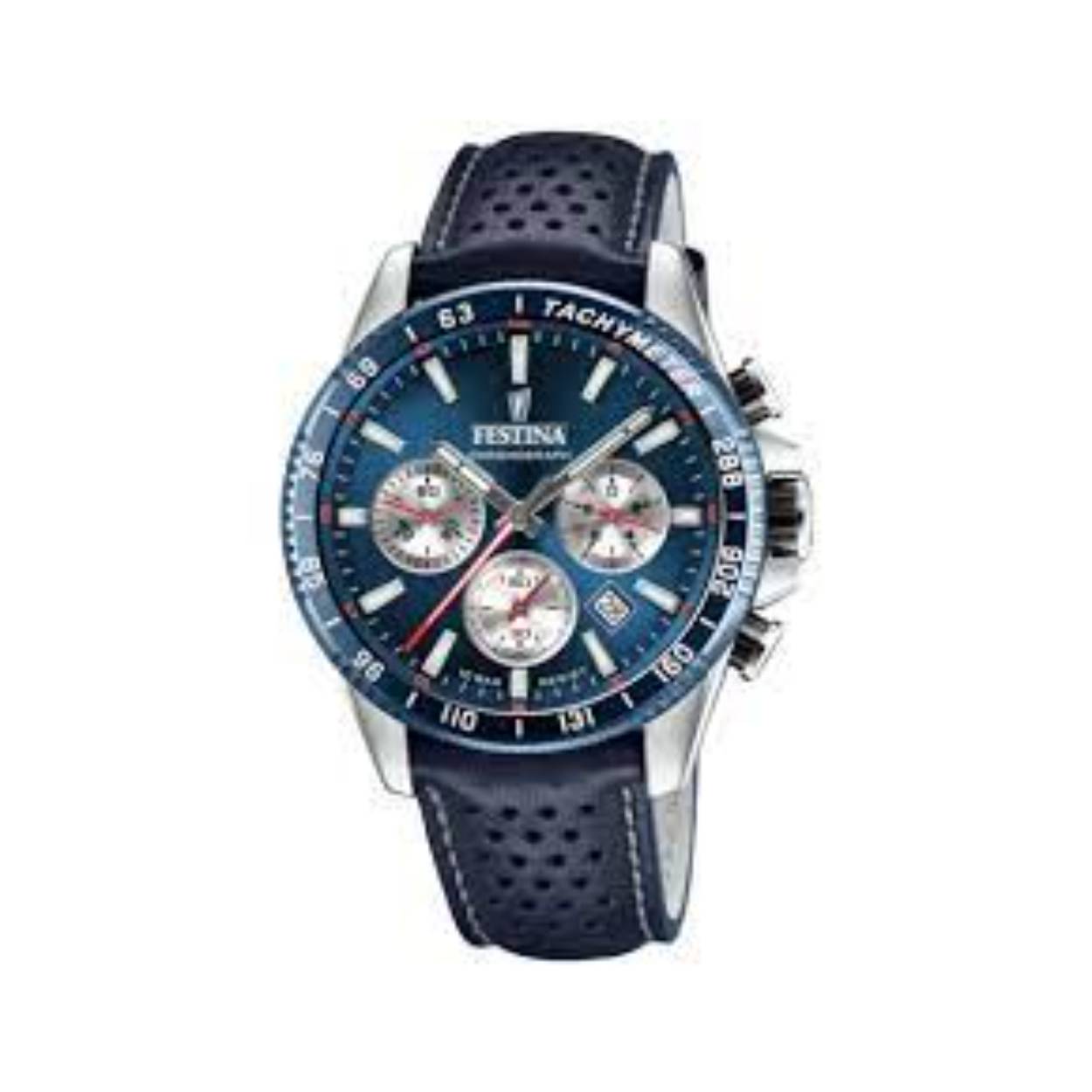 festina horloge met datum en blauw leren band
