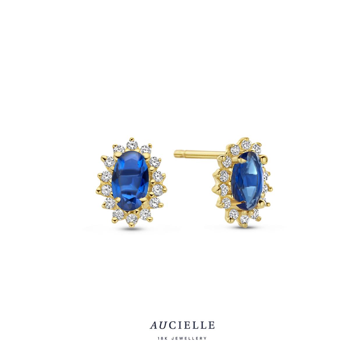 Aucielle oorstekers goud 18k, entourrage blauw en zirkonia steentjes