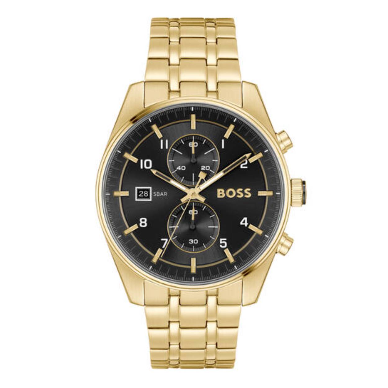 BOSS HB1514152 SKYTRAVELLER Herenhorloge 44mm 
Dit BOSS horloge uit de SKYTRAVELLER serie met artikelnr: HB1514152 heeft een stoere sportieve uitstraling. Zeer geschikt voor de moderne stijlvolle man van nu. Het goudkleurige herenhorloge valt op door zijn stalen horlogekast met een gladde bezel en een zwarte sunray wijzerplaat met een chronograaf en datum. Opvallend zijn de wijzers die met kleur en lumibrite de tijd aangeven. Aan de kast zit een goudkleurige stalen schakelband met vouwsluiting. De kast van het horloge heeft een doorsnee van 44mm met mineraalglas en is 5ATM. 

HET MERK:
HUGO BOSS is afgestemd op levensstijlen waar het gaat om kwaliteit en precisie. Het wereldwijde fashionlabel is verdeeld in twee merken: BOSS en HUGO. Het merk BOSS biedt geavanceerde, moderne horloges gericht op kwaliteit en design om een onberispelijke look te creëren – of het nu zakelijk, casual of sportief is. De horloge collectie van BOSS is perfect afgestemd op levensstijlen waar het gaat om kwaliteit en precisie. BOSS is op maat gemaakt in een onberispelijke stijl.

Blijf stijlvol bij de tijd. Voor de BOSS-vrouw is stijl het handelsmerk en draait alles om
details. Breng uw look naar een hoger niveau met onze nieuwe en kenmerkende horlogecollectie.

SPECIFICATIES:
- Mineraalglas
- Ronde kastvorm, Ø 44mm
- Stalen horlogekast
- Zwarte wijzerplaat
- Goudkleurige schakelband