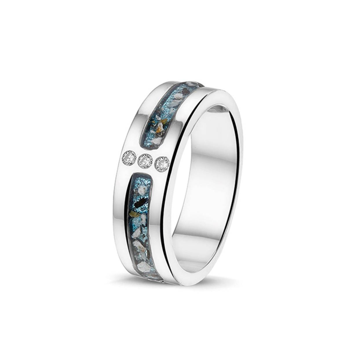 Zilveren ring met zirkonia. Dit sieraad wordt zichtbaar aan de voorkant gevuld met as.