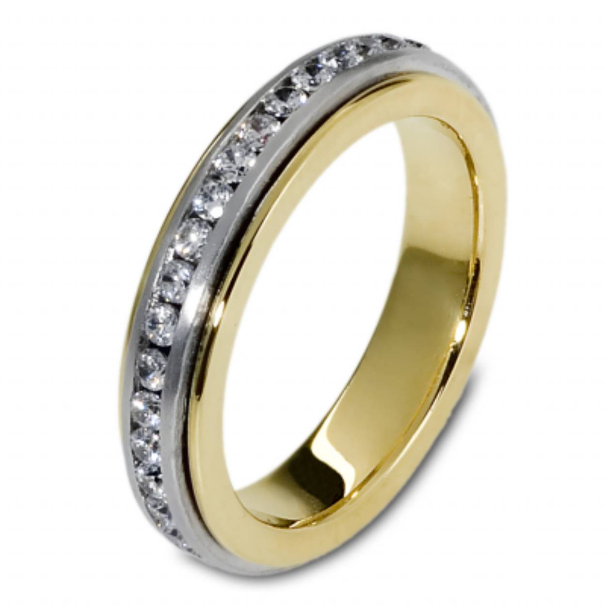 14 karaat bicolor trouwringen, geel/wit, de bovenste laag kun je draaien.
4.5mm breed en 2.7 hoog. De damesring heeft in totaal 1.215crt diamant rondom gezet