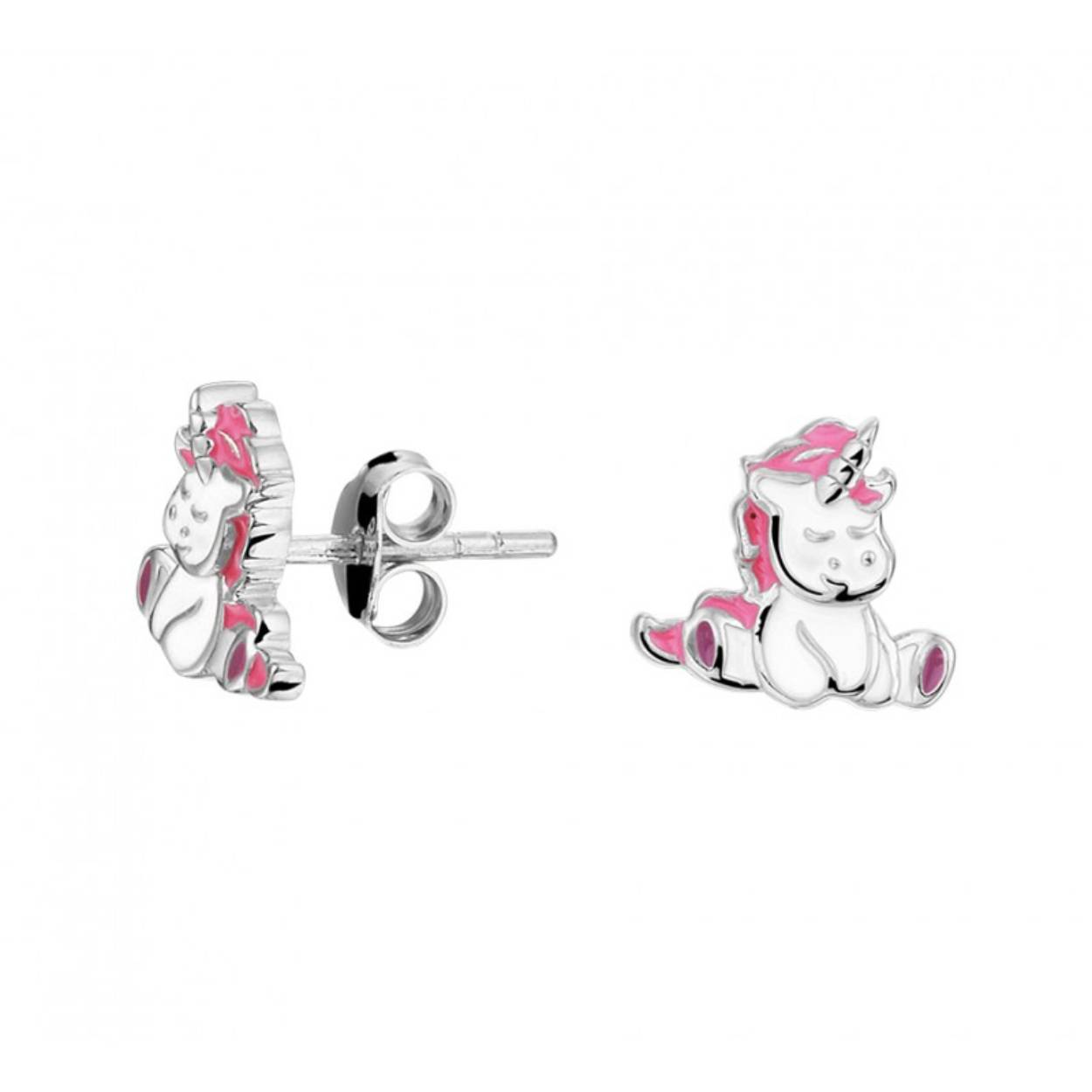 zilveren unicorn oorknop roze met wit emaille