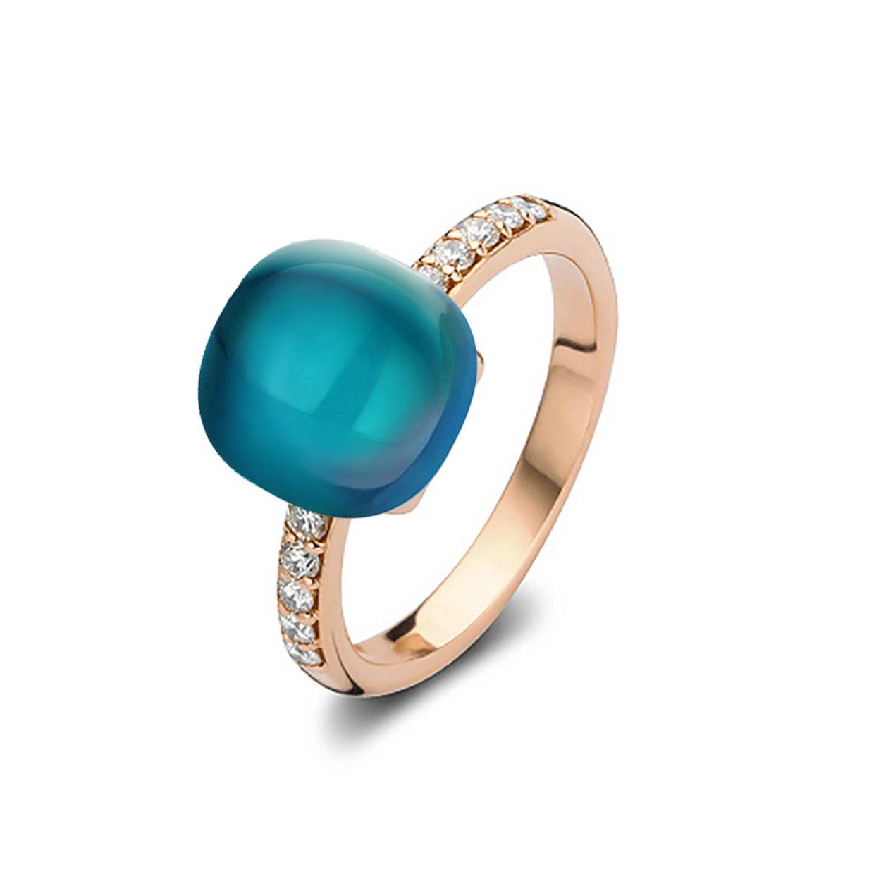 London Blue Lake
Deze Mini Sweety ring is vervaardigd in 18-karaats roségoud en afgewerkt London Blue blauwe  topaas en parelmoer  met zijdelings diamanten 0.25ct