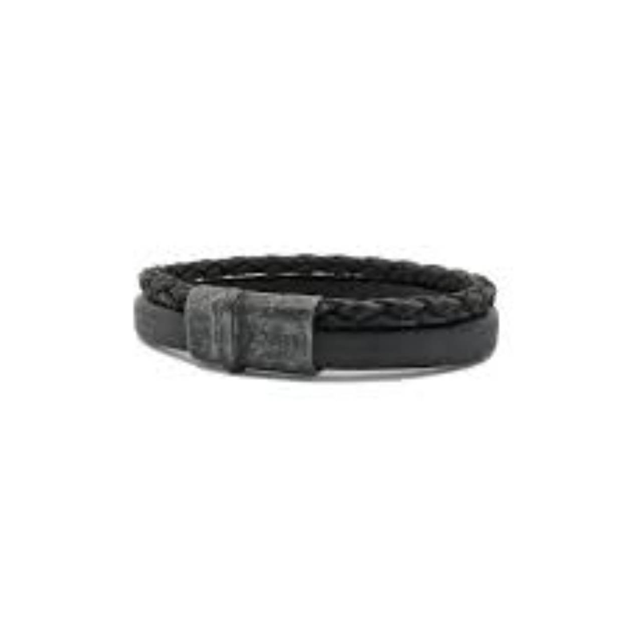 Josh armband verzilverd dubbel vlecht/glad 09264-VB/BLACK-L