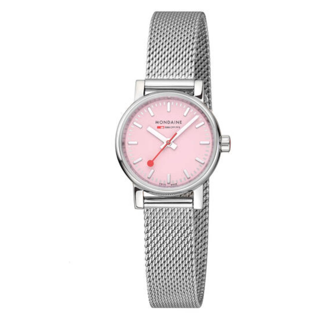 Mondaine MSE.26130.SM Horloge - Milanees - Sunrise pink - 26mm  
Dit unieke Mondaine horloge met nummer: MSE.26130.SM uit de Evo2 serie heeft een elegant uiterlijk. Het horloge is geschikt voor mannen en vrouwen. De zilverkleurige gladde horlogekast heeft een strakke rand met een baby roze wijzerplaat. Op de wijzerplaat is de uursaanduiding met zilverkleurige strepen duidelijk zichtbaar en als blikvanger draait de rode secondewijzer sierlijk in het rond, net als de wel bekende stationsklok. Aan het stijlvolle kastje zit een zilverkleurige milanese band met klepsluiting. Het horloge is Swiss Made, heeft een saffierglas, een doorsnee van 35,5mm en is 3 ATM. 

Het Merk:
The Official Swiss Railway Watch. Gebaseerd op de officiële stationsklok van de Zwitserse spoorwegen, is 30 jaar geleden de horlogelijn onder het merk Mondaine opgezet. Zwitserse kwaliteitsuurwerken, net zo punctueel als de Zwitserse treinen. Een echte design klassieker met een unieke wijzerplaat en de wereldberoemde rode secondewijzer met bolletje. Herkenbaar uit duizenden.

Specificaties:
- Saffierglas
- Roze wijzerplaat
- Swiss Made
- 3 ATM (Regen- & spatwaterdicht)
- Ø 26mm