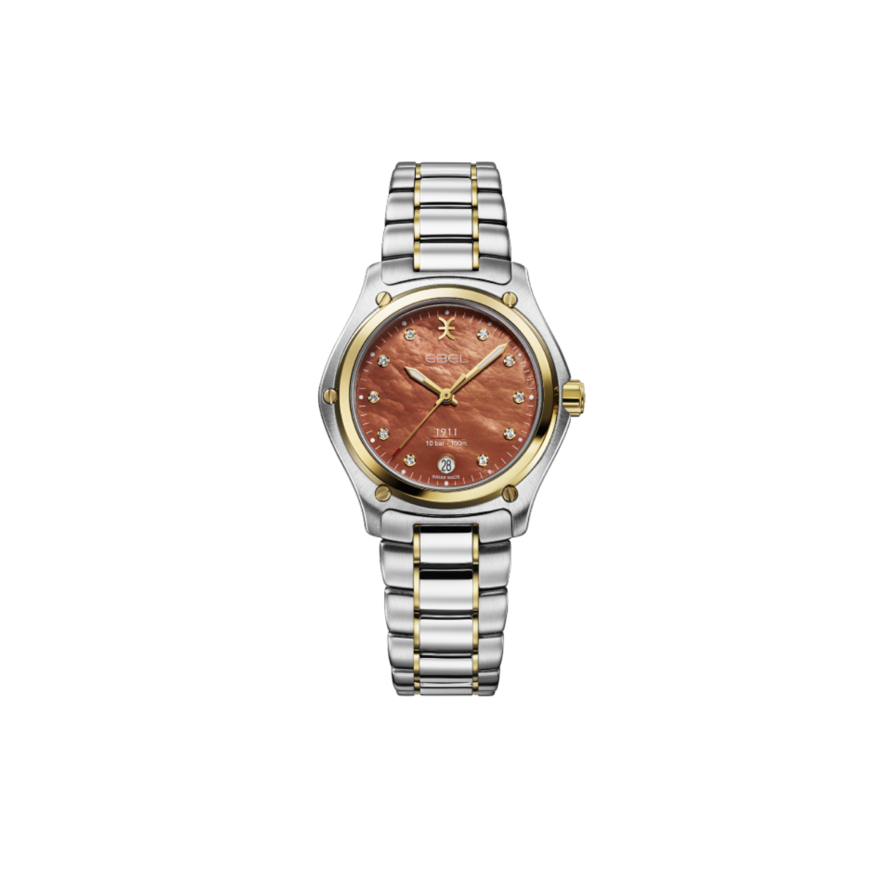 Dameshorloge EBEL 1911, kast van roestvrij staal en 18K geelgoud, Ø 34 mm, okerkleurige parelmoeren wijzerplaat met 10 diamanten (0,065 ct), datumvenster op 6:00 uur, saffierglas met antireflectiebehandeling eronder, tweekleurige roestvrijstalen schakelarmband, vouwsluiting, wordt geleverd met extra stoffen band (gemaakt van geüpcycled oceaangebonden plastic) met kurkinzetstuk, Zwitsers kwartsuurwerk, waterdicht tot 10 bar