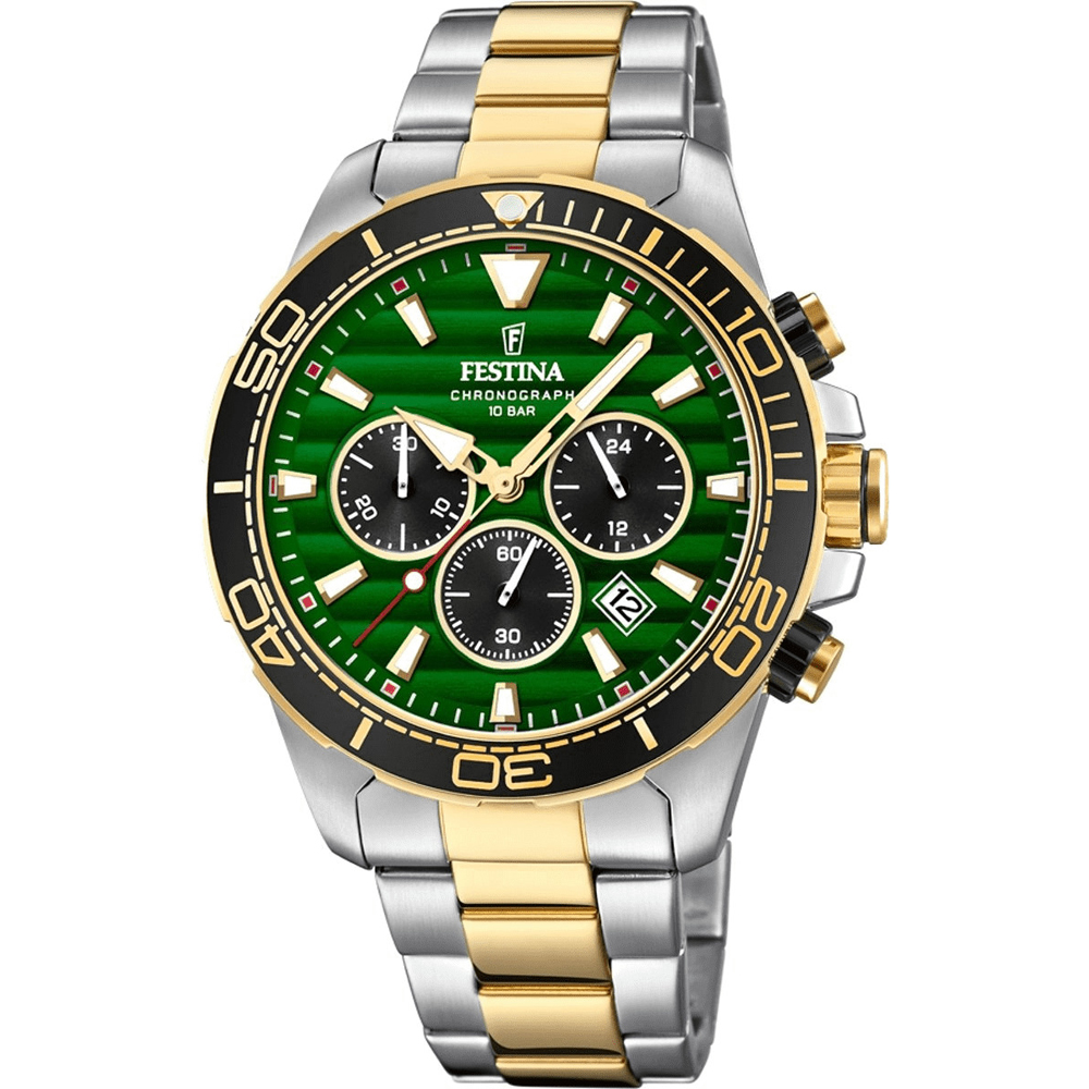 Festina chrono horloge met bicolour band en mooie diepgroene wijzerplaat en zwarte lunette