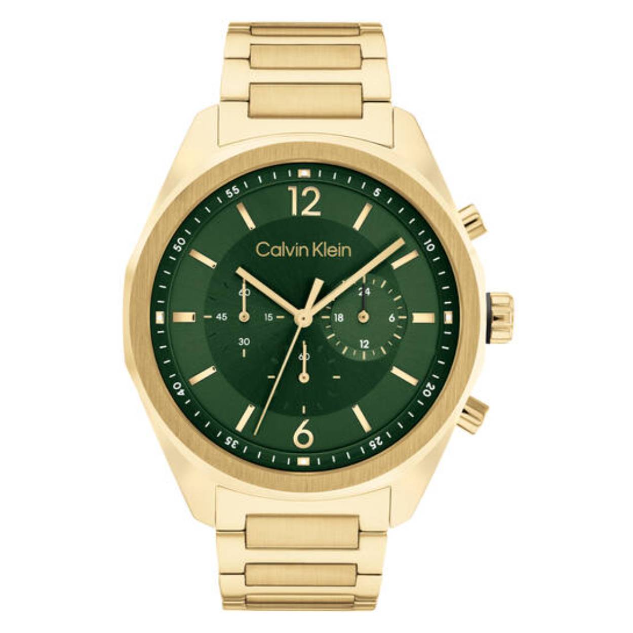 Dit Calvin Klein horloge behoort tot de Force collectie.
Referentienummer: 25200266

Dit goudkleurige horloge heeft een stalen kast en band. De groene wijzerplaat is goed afleesbaar door de gouden wijzers en indexen. Het horloge is waterbestendig tot 3atm en wordt afgeschermd met mineraalglas.