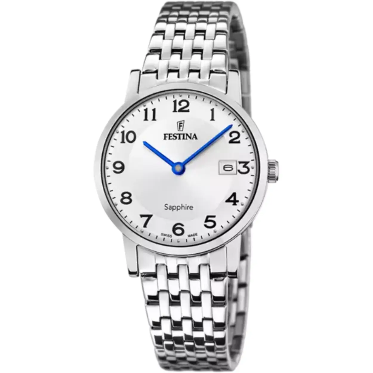 Damesuurwerk van Festina uit de 'Swiss made' collectie
Zilverkleurige band en kast in edelstaal
Witte wijzerplaat met duidelijke cijfers en datumaanduiding
Saffierglas
Waterdichtheid: 5 ATM