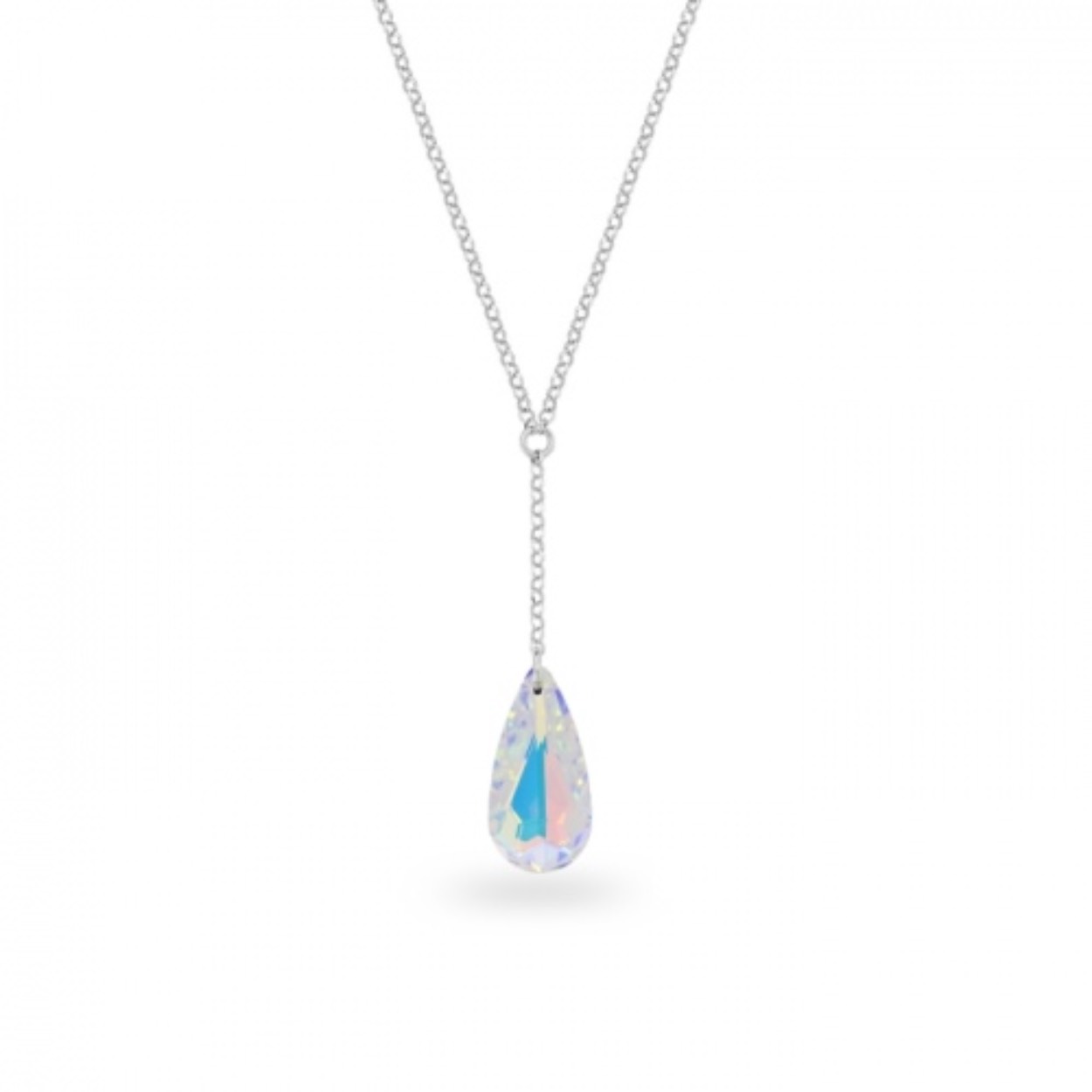 prachtige zilveren collier met een druppelvormige Swarovski kristallen steen. Ab kleurig.