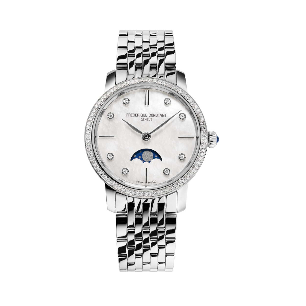 Dit Frederique Constant Slimline Ladies Moonphase horloge komt uit de Classics collectie.

Referentienummer: FC-206MPWD1SD6B

Dit elegante Frederique Constant Classics Slimline Moonphase horloge heeft een quartz uurwerk. De kast is gemaakt van edelstaal. Het horloge heeft een diameter van 30mm en is getest op een waterdichtheid van 3 ATM / 30 meter. De horlogeband is gemaakt van edelstaal. De wijzerplaat en kast zijn voorzien van prachtige diamanten, 8-0.04crt en 68-0.54crt.