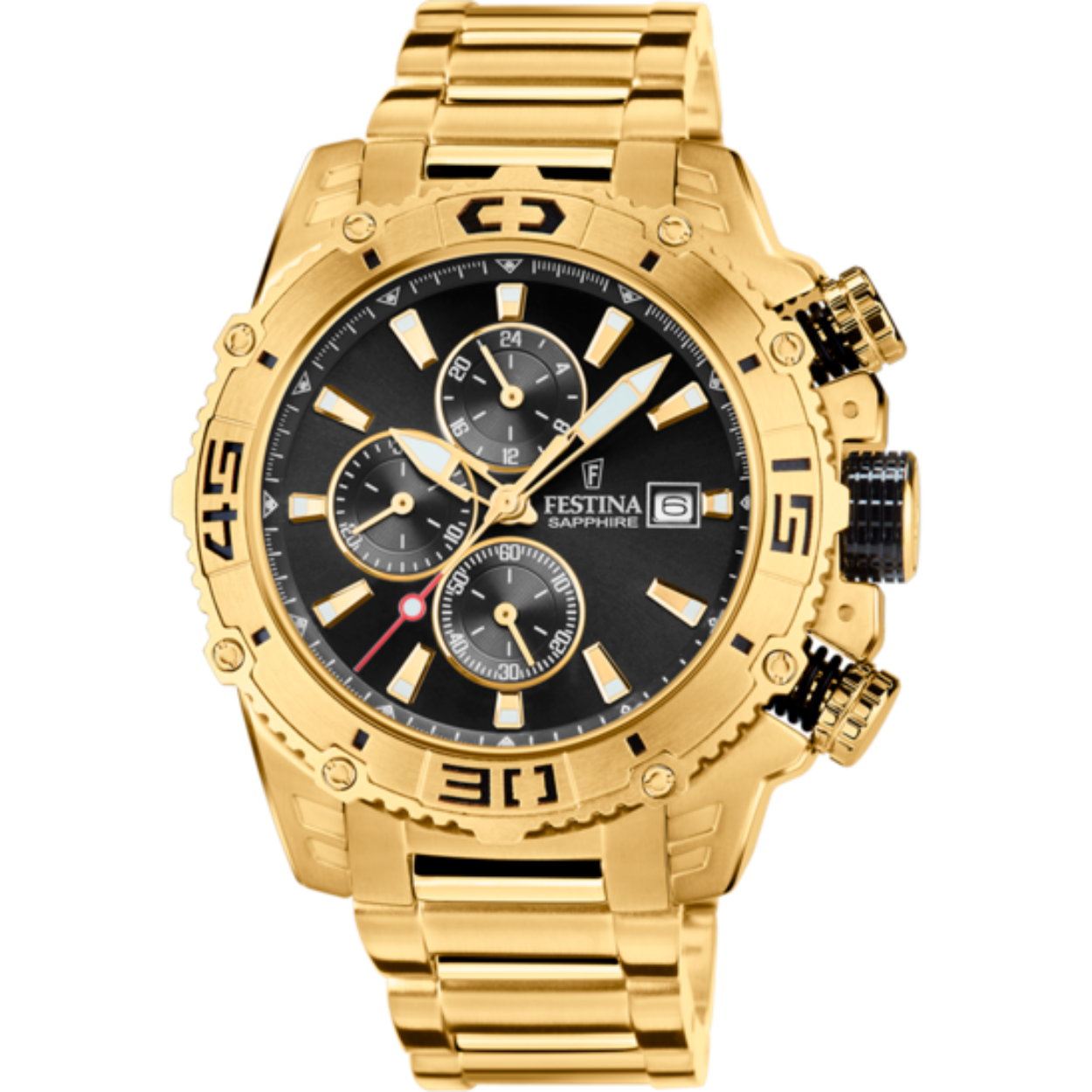 Festina heren horloge F20492/4
Goudkleurige kast met zwarte wijzerplaat
Goudkleurige schakelband
10 ATM waterdicht