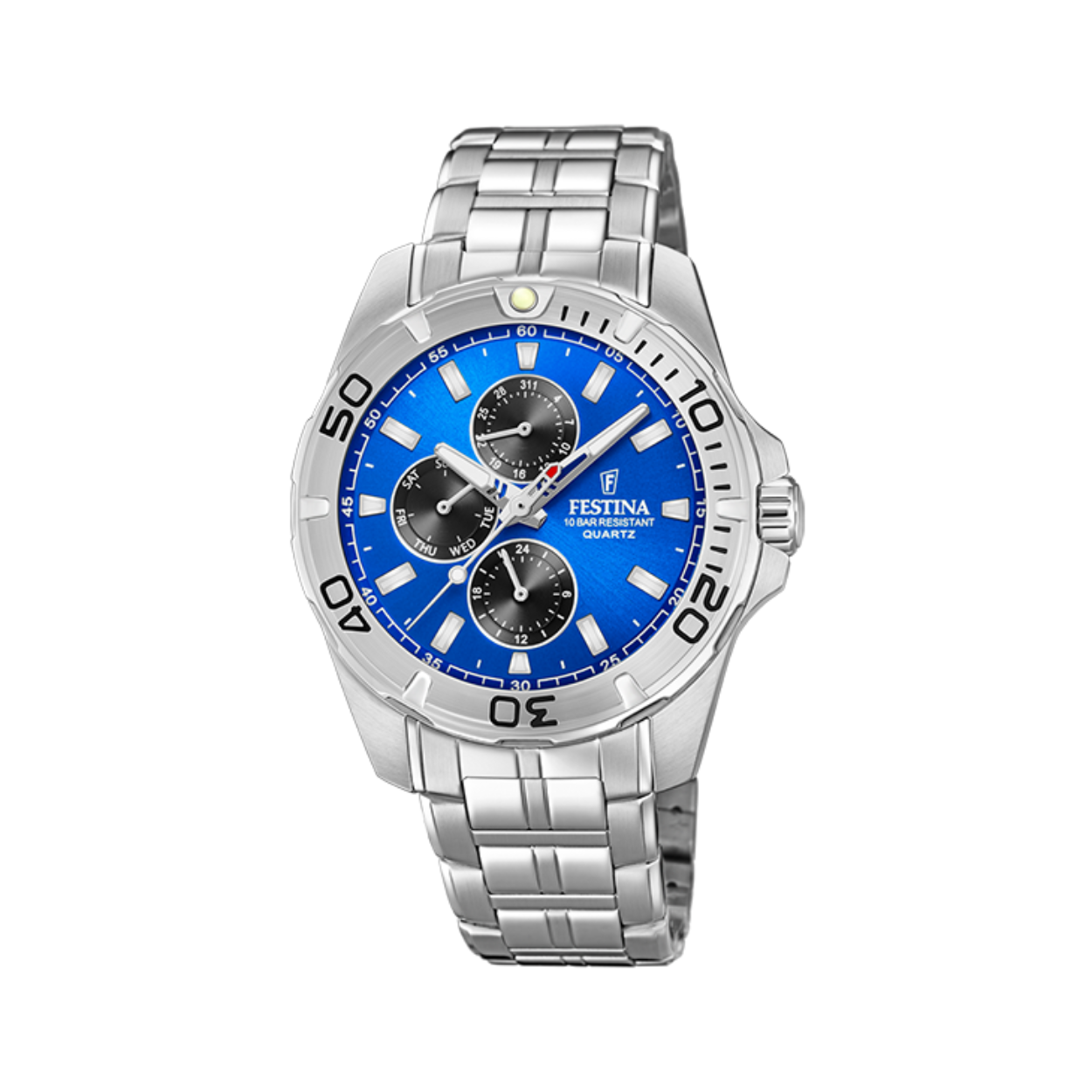 Festina herenuurwerk
Collectie: Multifunction
Zilverkleurige kast en band in edelstaan
Blauwe wijzerplaat met multifunctie
Waterdichtheid: 10 ATM