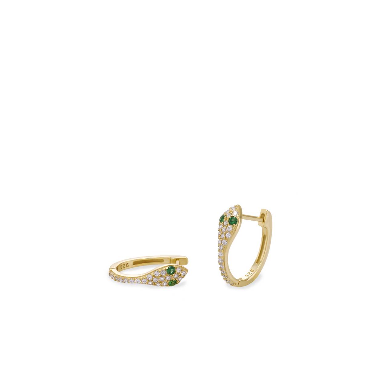Original earrings in silver made for women. Silver earrings designed to add personality and uniqueness to your style. Original gold plated silver earrings formed by a snake silhouette covered by white zirconia and two green zircons on both sides symbolizing the eyes of the snake. Catalan clasp. Ideal to match with the matching ring.