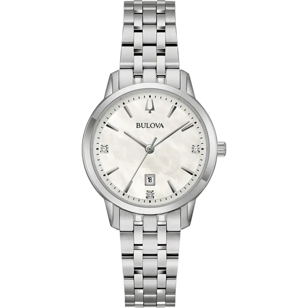 Bulova - Classic Sutton, Staal dames Quartz horloge met parelmoer wijzerplaat bezet met 3 diamantjes, 30 meter WR, Mineraalglas - 96M164