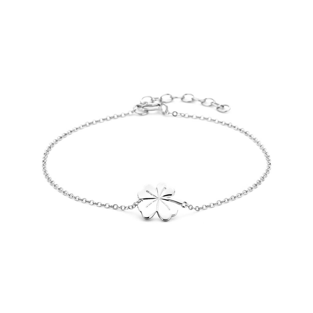 Gerhodineerd zilveren armband met een klavertje. De schakelbreedte is 1.0mm.
