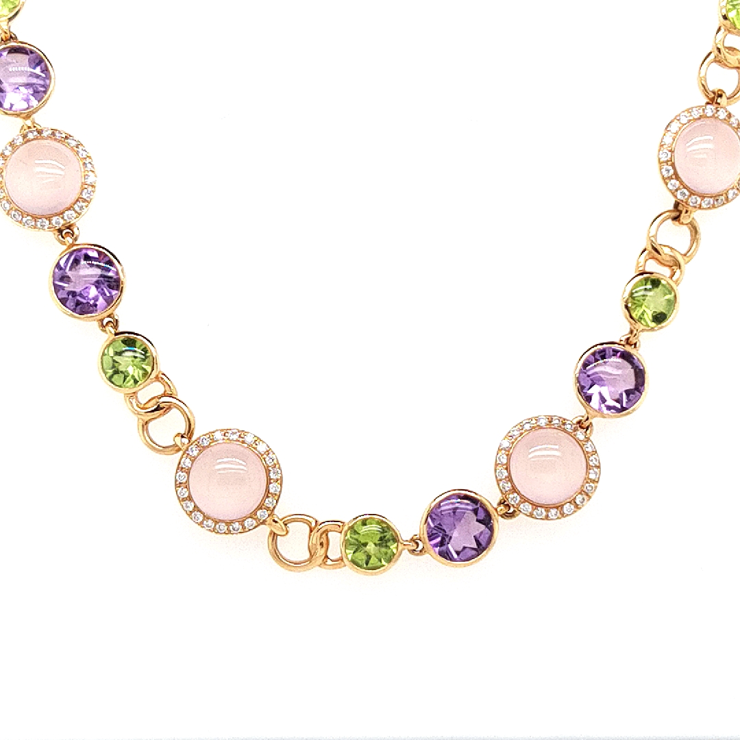18krt collier diamant 1.36ct W/VVSi /amethist 10.84ct /rozequartz 18.4ct/peridot 6,36ct