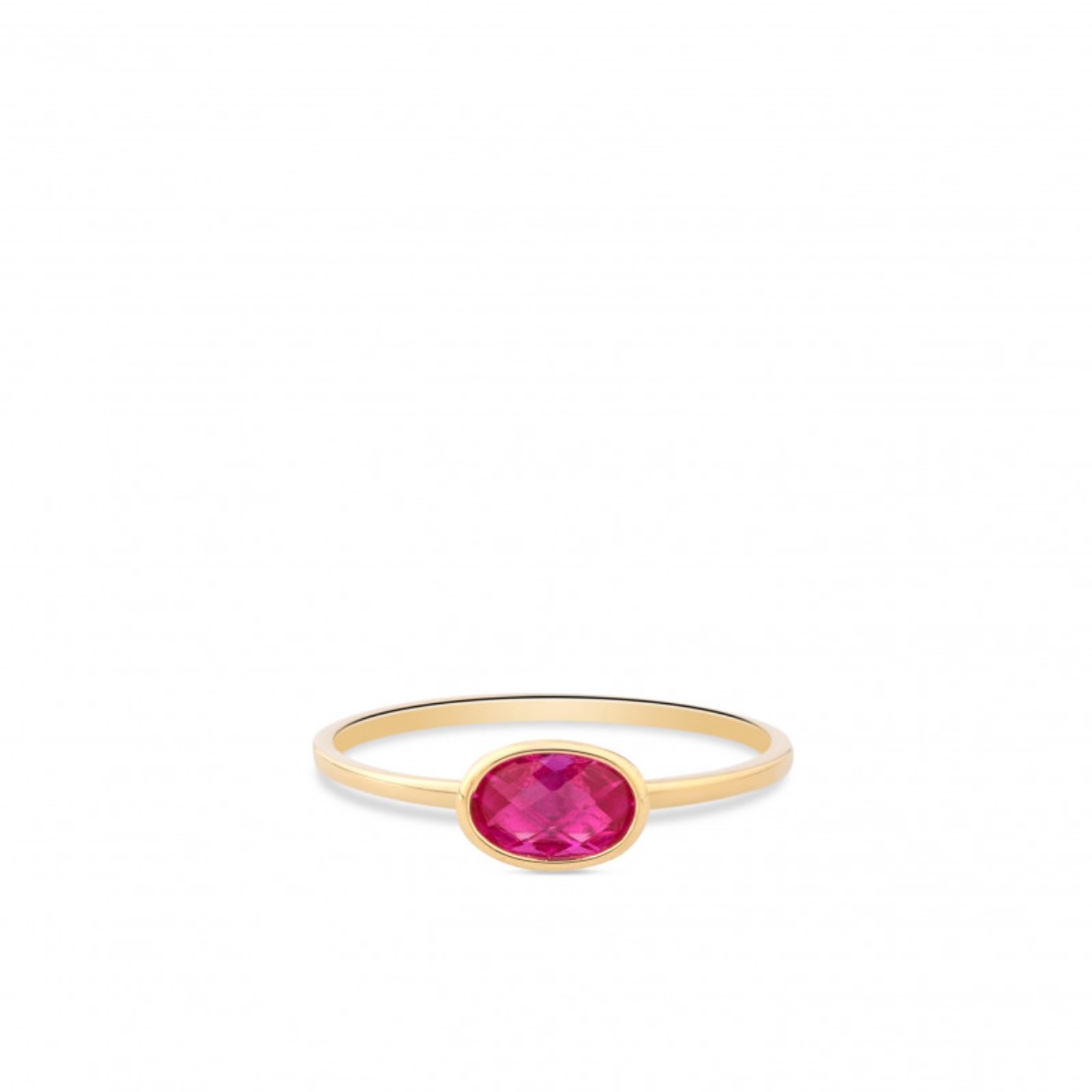 Deze prachtige aanschuifring is van Swing Jewels. De ring is voorzien van een schitterende fuchsia ovaal geslepen zirkonia steen. Deze steen is 7 mm breed en 4,8 mm lang. De ring is vervaardigd uit hoogwaardig 14 karaats geelgoud.