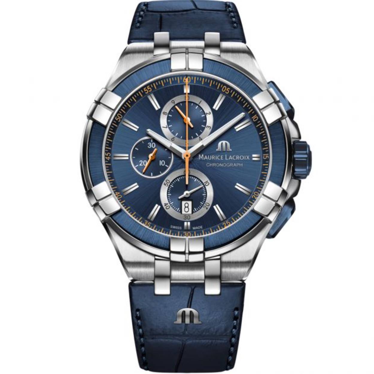 Dit horloge is van het merk Maurice Lacroix. Het is een chronograaf horloge met een band gemaakt van leer.De diameter van de kast is43 mm.
De verdere specificaties van het horloge zijn als volgt:
Glassoort: saffier
Kastmateriaal: edelstaal
Techniek: quartz
Kastkleur: zilver
Kastvorm: rond
Wijzerplaatkleur: blauw
Bandkleur: blauw
