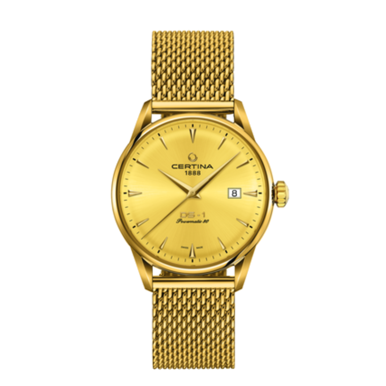 Certina heren horloge DS-1 powermatic

Materiaal band: Staal

Materiaal glas: Saffierglas

Materiaal kast: Staal

Datum: Dag

Diameterkast: 40 mm

Garantie: 2 jaar

Kleur horlogeband:  Goudkleurig

Kleur wijzerplaat: Goudkleurig

Soort uurwerk: Automatic

Waterdichtheid: 10 ATM