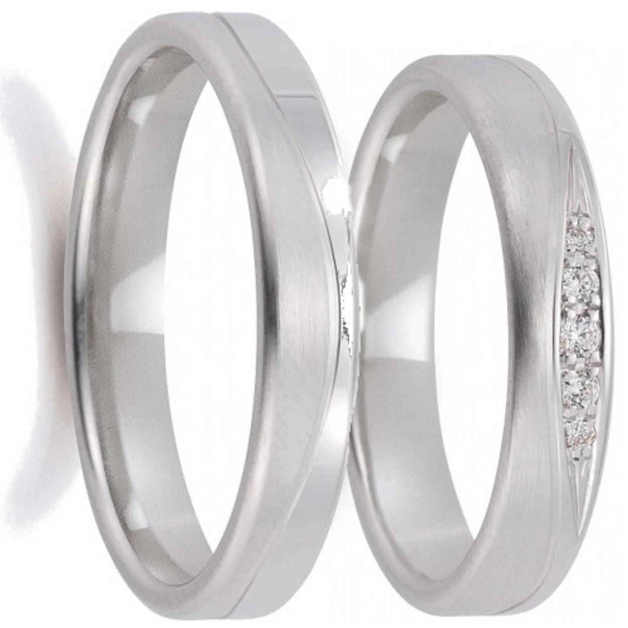 585 witgouden trouwringen, mat/glimmend, 4 mm breed. De damesring is gezet met in totaal 0.045ct briljant, 5 steens
Prijs is op aanvraag