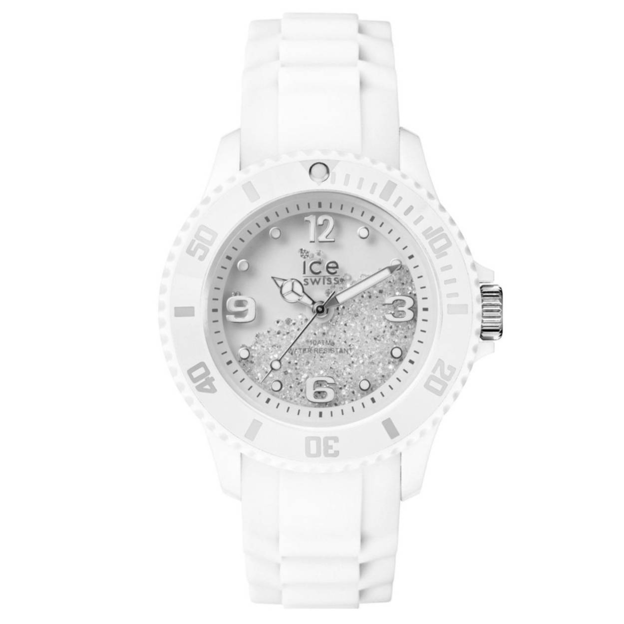 Bijzonder vormgegeven ICE-WATCH horloge met witte kast, wijzerplaat en siliconen horlogeband. Deze speciale uitgave heeft een kunststof kast met witte wijzerplaat waarop losse Swarovski kristallen. Met witte siliconen horlogeband