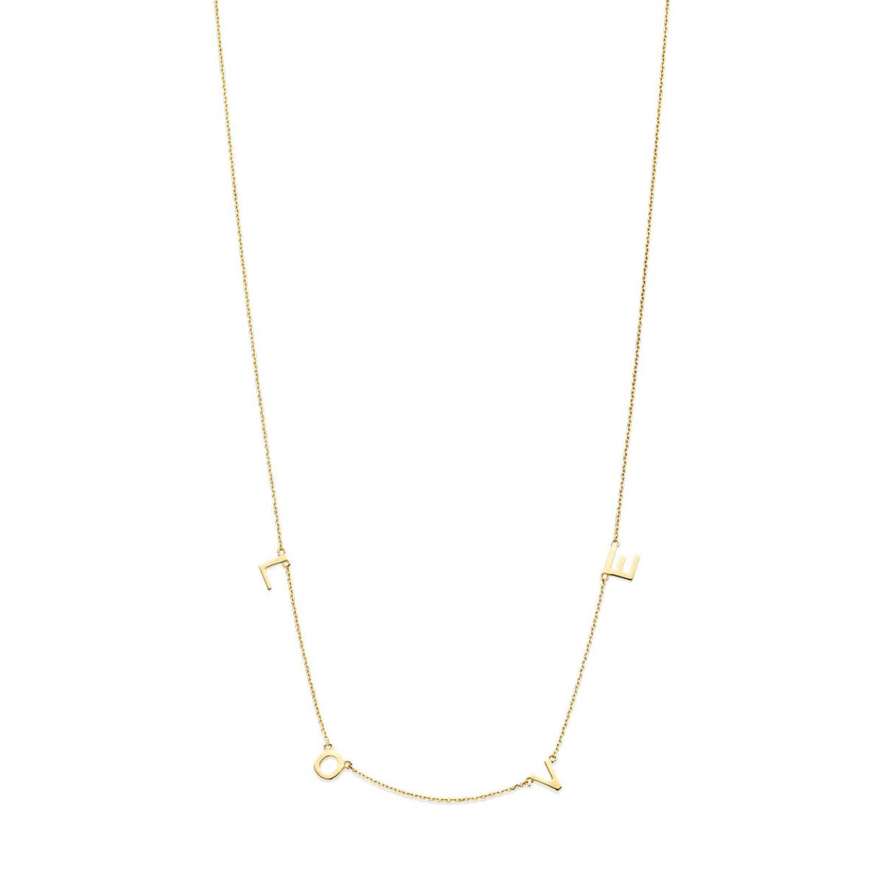 14k Geelgouden collier uitgevoerd met de letters LOVE. De draaglengtes zijn 38, 40 en 42 cm. Uitgevoerd met veerring. 