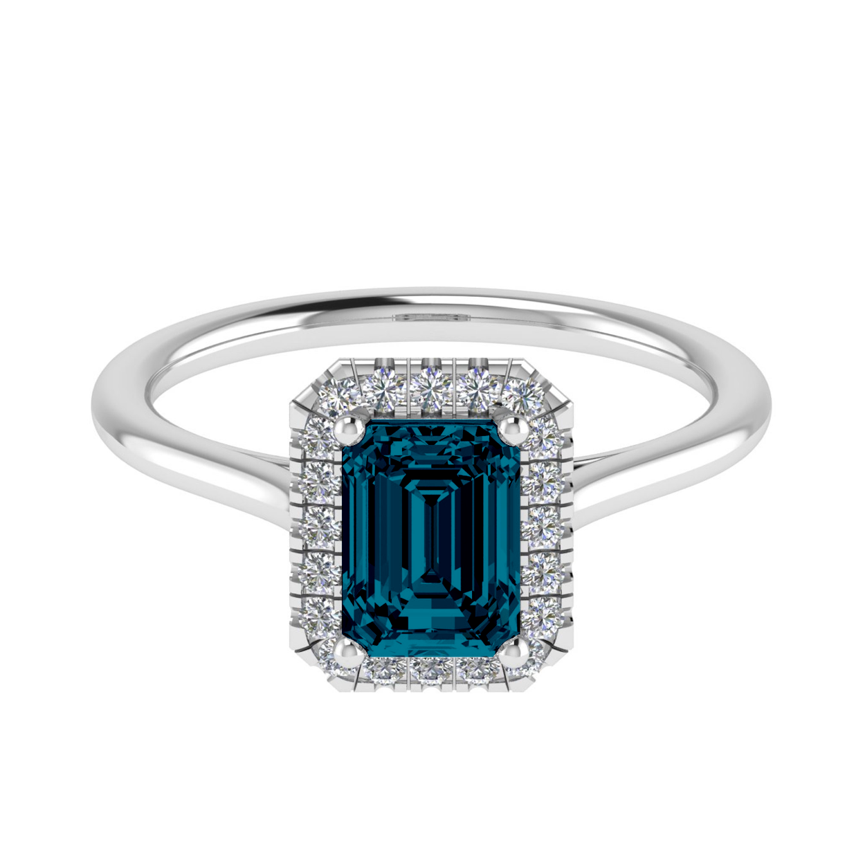 18k witgoud diamant entouragering met een middensteen emeraude slijpsel blauw topaas
