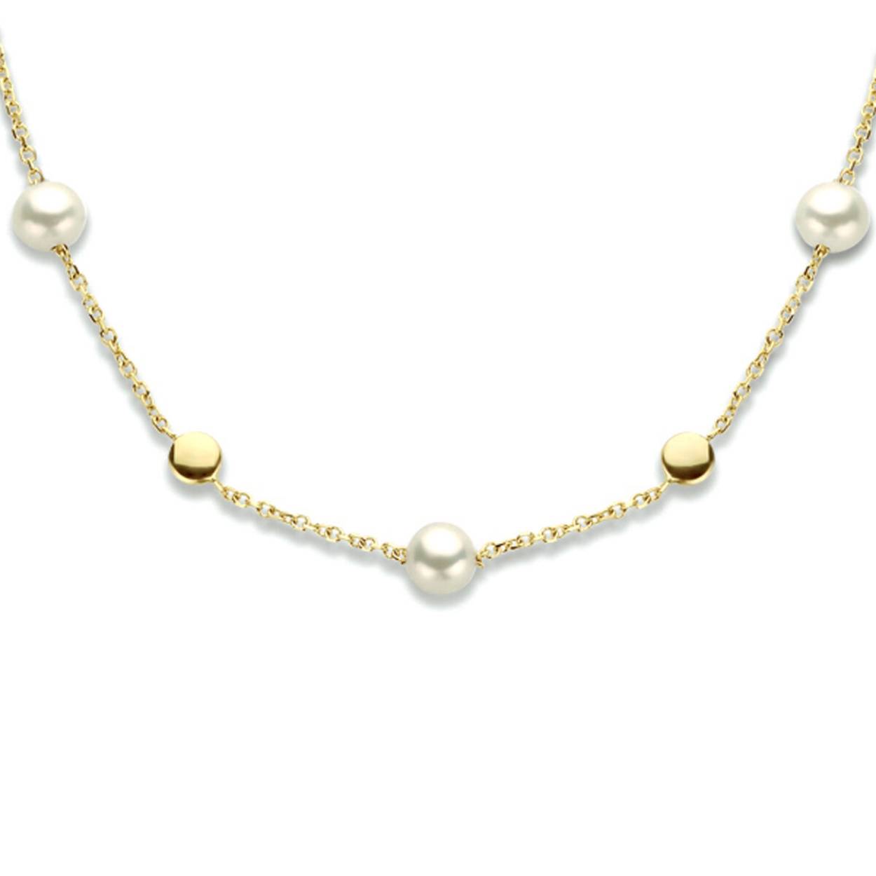14k Geelgouden collier uitgevoerd met rondjes van 3.8mm en zoetwaterparels van 5mm. Het collier heeft een draaglengte van 42cm met een extensie van 3cm en een stevige karabijn sluiting.