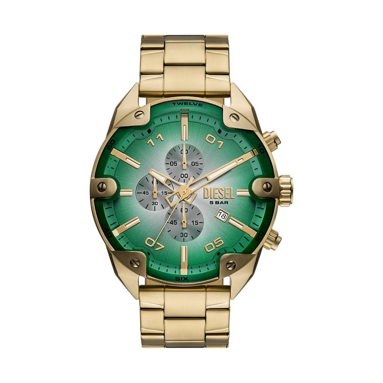 Diesel heren pols horloge staal met stalen band goudkleurig. Met groene wijzerplaat uit de Spiked Collectie. 5 ATM waterdicht.