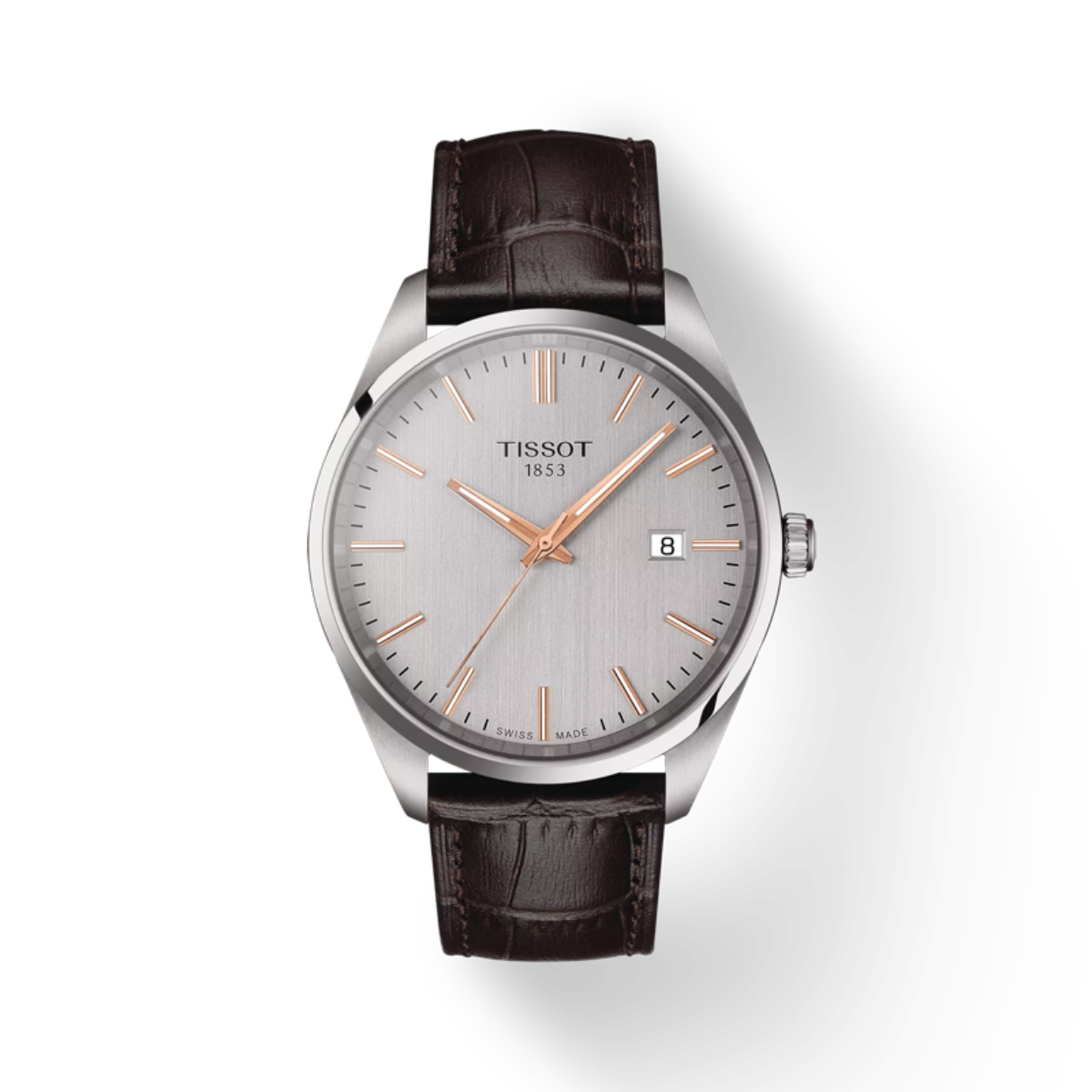 Met zijn elegante design en eersteklas Zwitserse precisie is het de perfecte metgezel voor elke gelegenheid. De 40 millimeter kast van hoogwaardig 316L roestvrij staal geeft dit horloge een robuuste en tegelijkertijd stijlvolle uitstraling. Het nauwkeurige Swiss Made quartz-uurwerk zorgt voor betrouwbare tijdweergave en scoort met een praktische weergave van de batterijduur - zodat u altijd overzicht hebt. Het elegante contrast tussen de roségoudkleurige wijzers en indexen op de zilverkleurige wijzerplaat met datumweergave geeft dit horloge een tijdloze schoonheid. Het krasbestendige saffierglas beschermt de wijzerplaat betrouwbaar tegen lelijke krassen en zorgt ervoor dat u ook na jaren nog plezier hebt van uw horloge. De bruine leren band met gesp biedt niet alleen een hoog draagcomfort, maar maakt dankzij het innovatieve snelwisselsysteem ook een eenvoudige vervanging zonder gereedschap mogelijk.