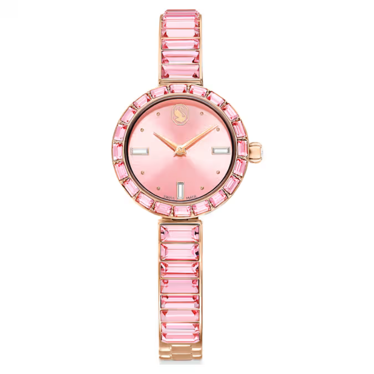 Dit prachtige, op juwelen geïnspireerde horloge heeft een bijzonder elegante uitstraling. De edelstalen kast van 25 mm is voorzien van een roségoudkleurige toplaag met een lunette waarin 20 roze kristallen in Baguette-slijpvorm zijn gezet. Ook op de kroon prijkt een kristal. De drie uuraanduidingen op de roze wijzerplaat bestaan uit kristallen in Baguette-slijpvorm en ter hoogte van de 12 staat het zwaanlogo. De armband is voorzien van 16 kristallen in Baguette-slijpvorm en is volledig verstelbaar voor een comfortabele pasvorm. Dit Swiss Made horloge is waterbestendig tot 50 meter en is het perfecte accessoire voor elk facet van uw leven.